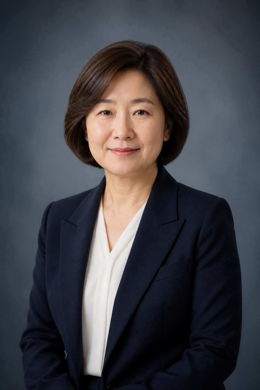 네이비 포멀을 입은 중년 여성의 합성 예시 이미지